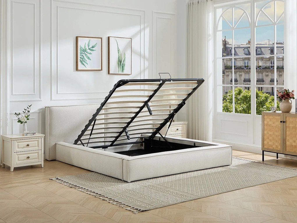 Łóżko ze skrzynią 160 x 200 cm - Tkanina - Beżowe + Materac - TAVESO