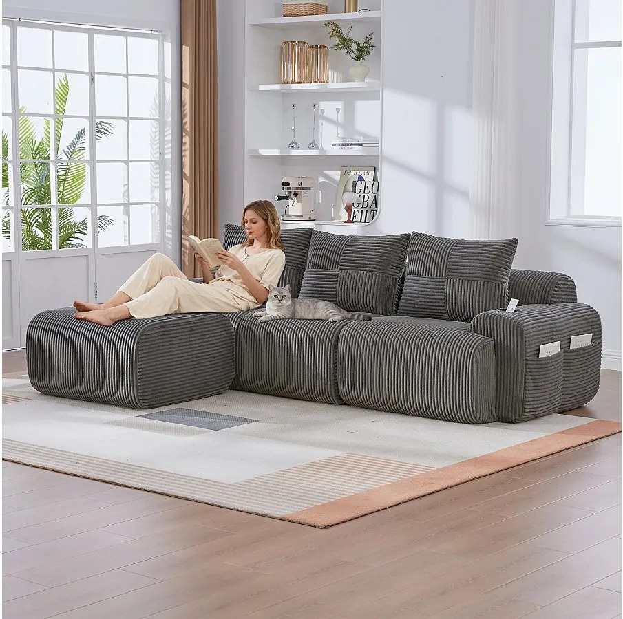 Sofa modułowa 3-osobowa - 268 x 174 x 80 cm - z 1 pufem + uchwytem na kubek + kieszenią do przechowywania - aksamit - ciemnoszary