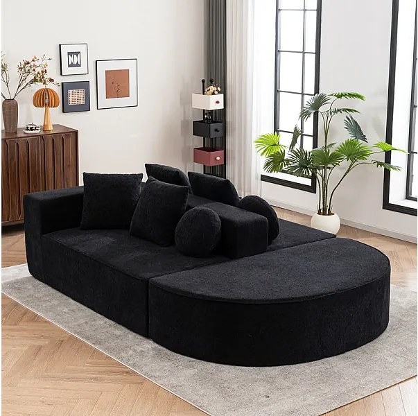 Modułowa panoramiczna sofa 5-osobowa - z tkaniny Chenille czarna - z 6 poduszkami - 263x171x66cm