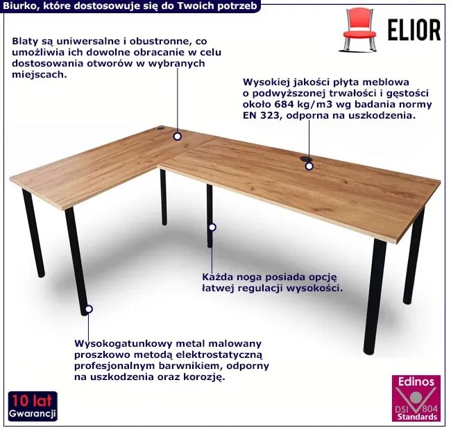 Duże narożne biurko loft regulowane 120x180x60 dąb craft złoty - Kogito