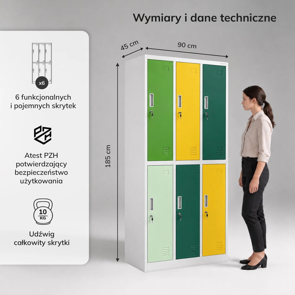 Szafka socjalna ubraniowa BHP szaro-zielono-żółta 6-drzwiowa: IGOR, 900 x 1850 x 450 mm