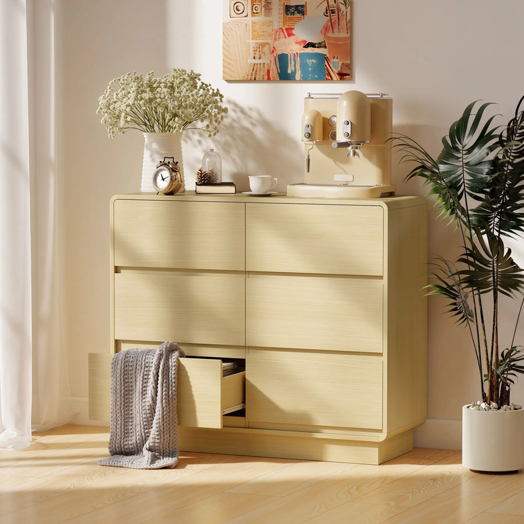 HOMCOM 100 cm Sideboard, kredens z 6 szufladami, komoda do kuchni, salonu, jadalni, drewno naturalne