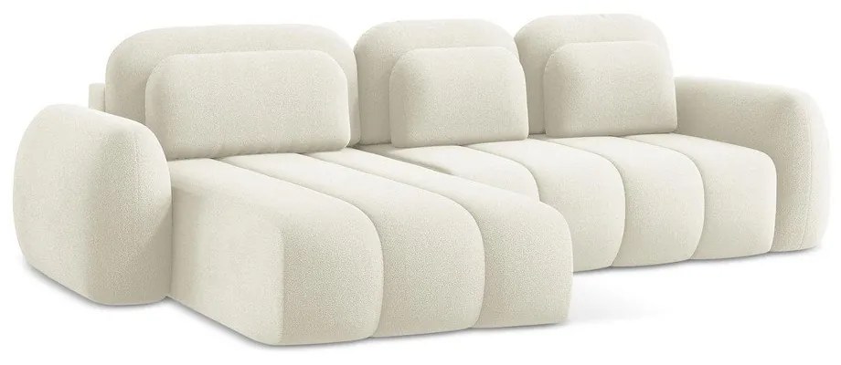 Beżowy rozkładany narożnik z materiału bouclé ze schowkiem (lewostronny/z szezlongiem) Pele – Makamii