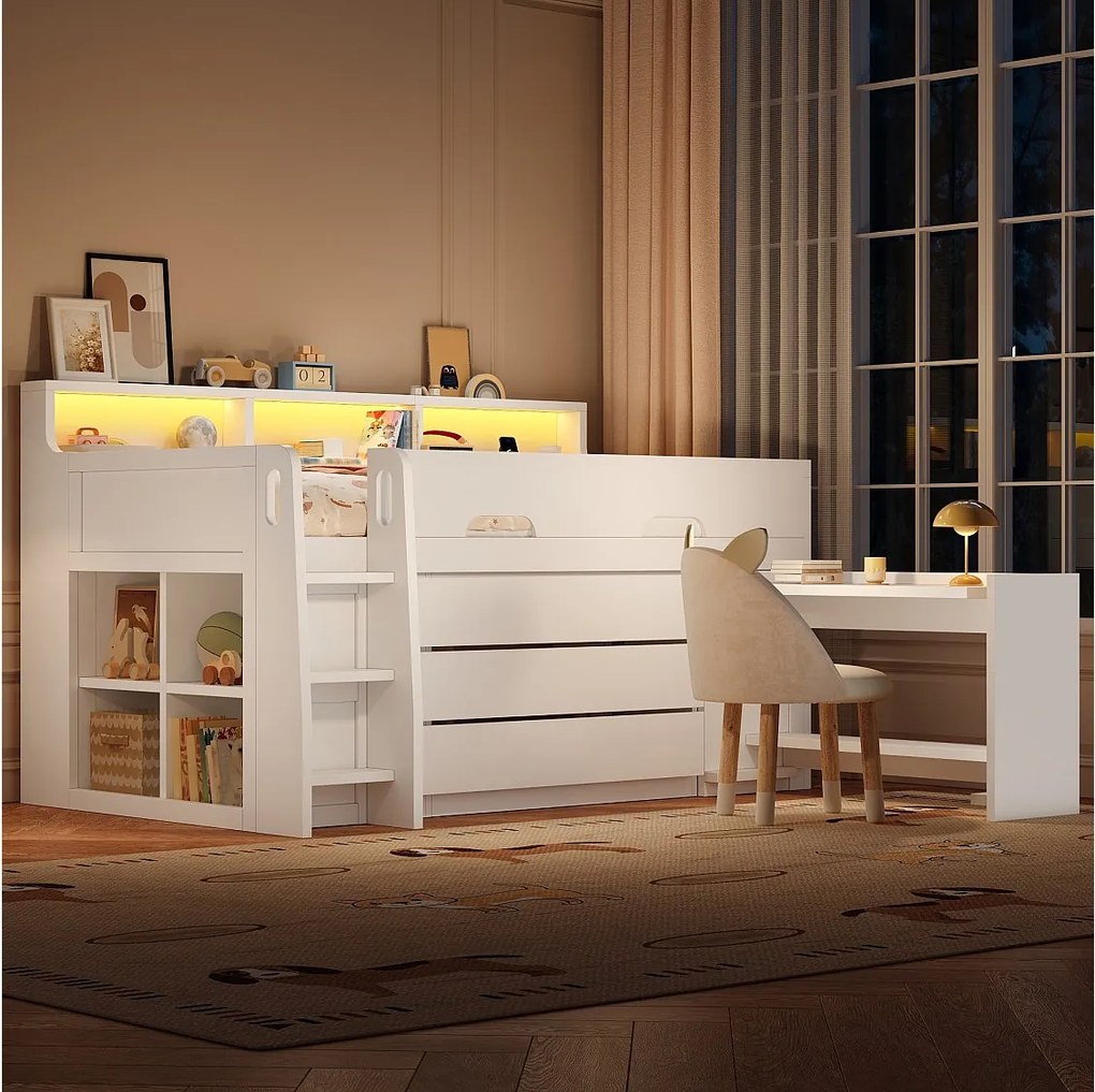 Łóżko dziecięce niskie piętrowe - 90 x 200 cm - z 3 szufladami + wyjmowane biurko + półki + diody LED + USB - NDF - białe