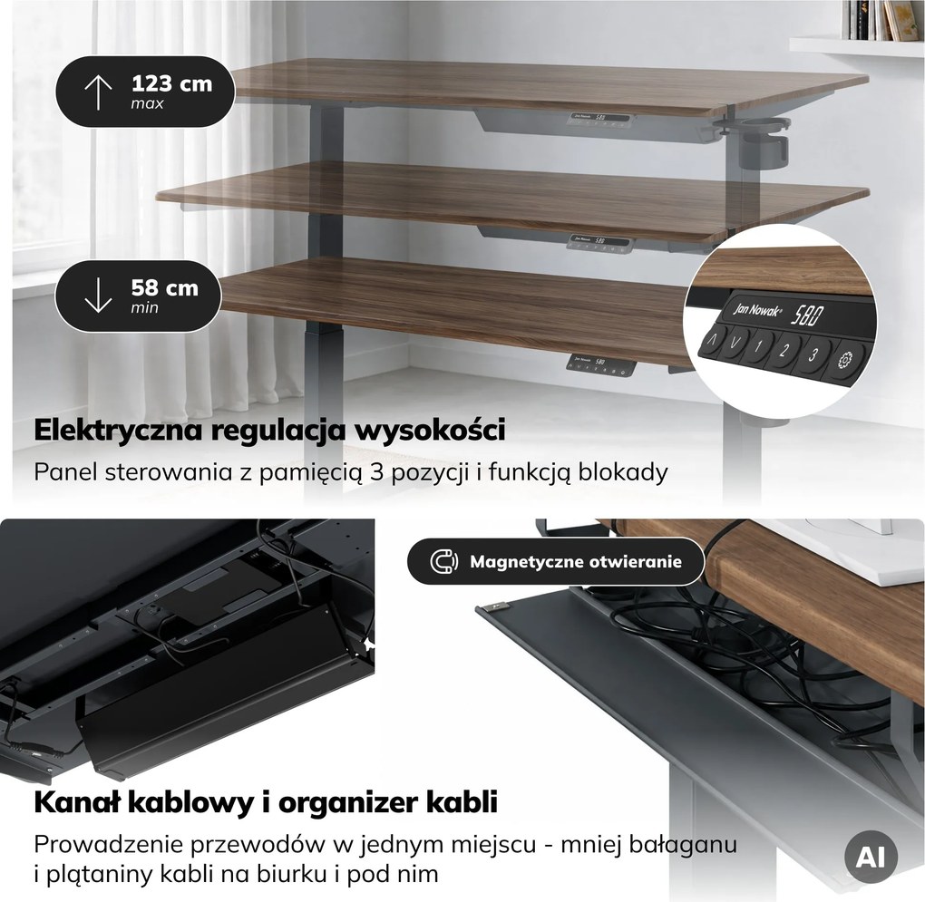 Biurko elektryczne z regulacją wysokości ergonomiczne antracytowe/orzech,1600x800 mm: ARIA
