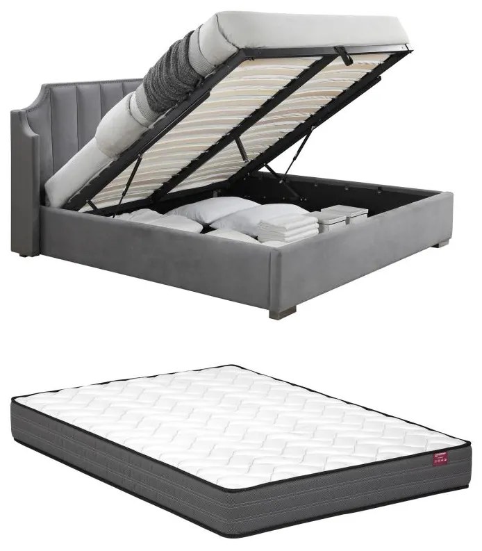 Łóżko ze skrzynią i zagłówkiem z bocznymi panelami 160 x 200 cm - Welur - Jasnoszary + Materac - TEOMIS