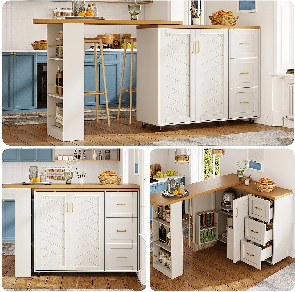 Rozkładany barek kuchenny na kółkach - 135-228 x 39 x 104 cm - z 2 drzwiami + 3 szufladami - MDF + metal - biały