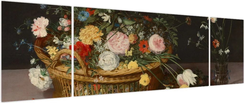 Obraz - Jan Brueghel the Elder, Flowers in a Basket and a Vase, reprodukcje (170x50 cm)