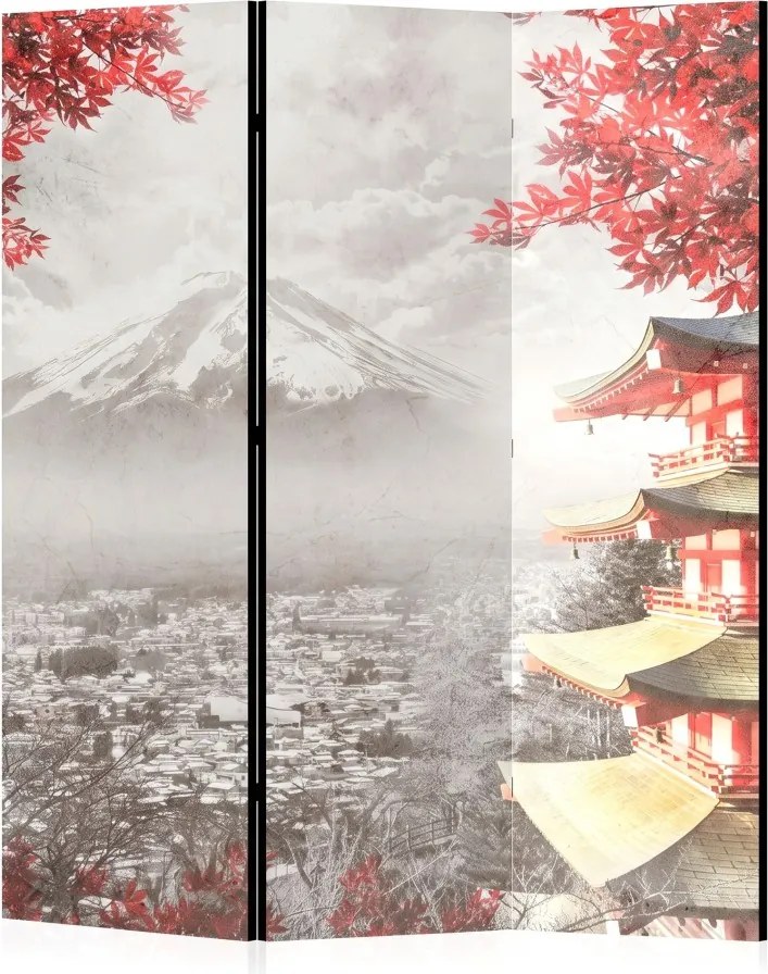 Parawan pokojowy 3-częściowy 135x172 Dwustronny dekoracyjny japandi vintage Szary Fuji I Pagoda