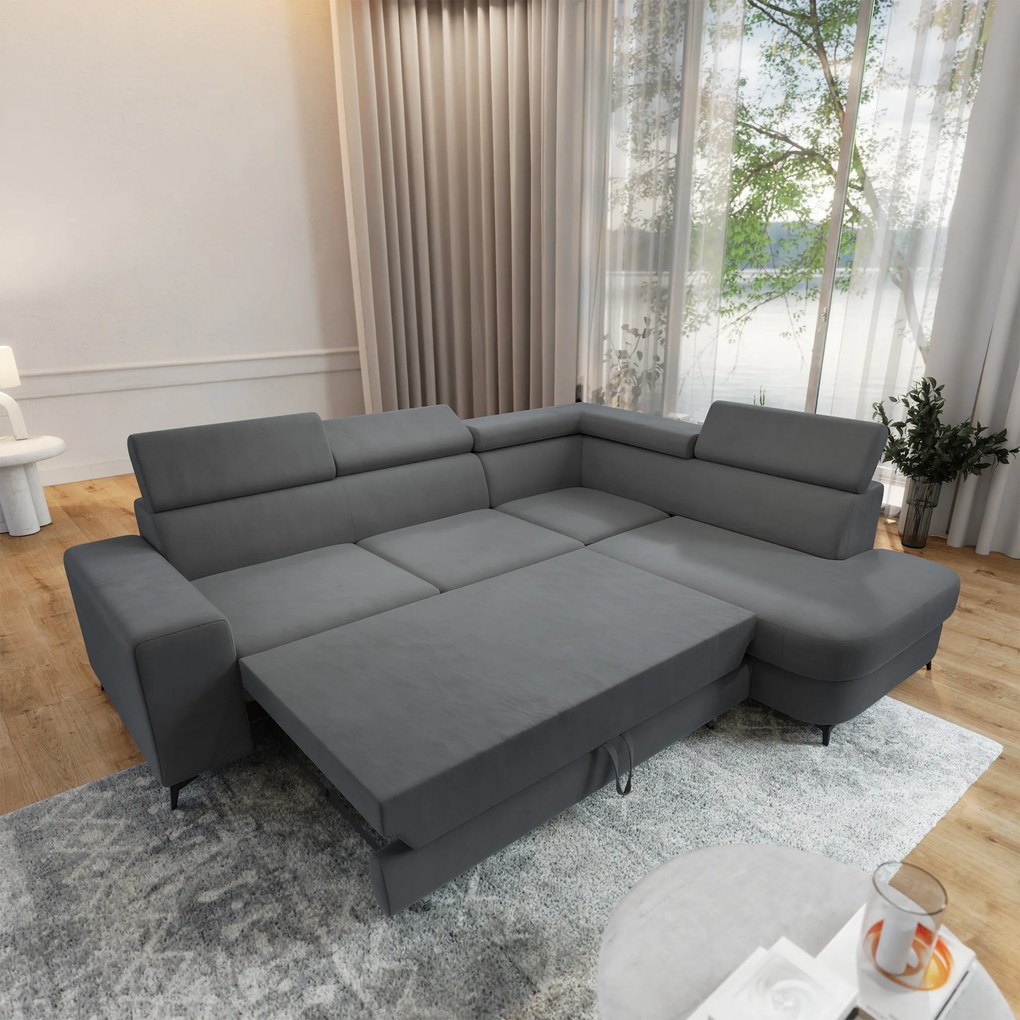 Masseno Narożnik ALVORO z funkcją spania i pojemnikiem na pościel Narozniki L, Rozkładana sofa - Szary, MATT VELVET 85