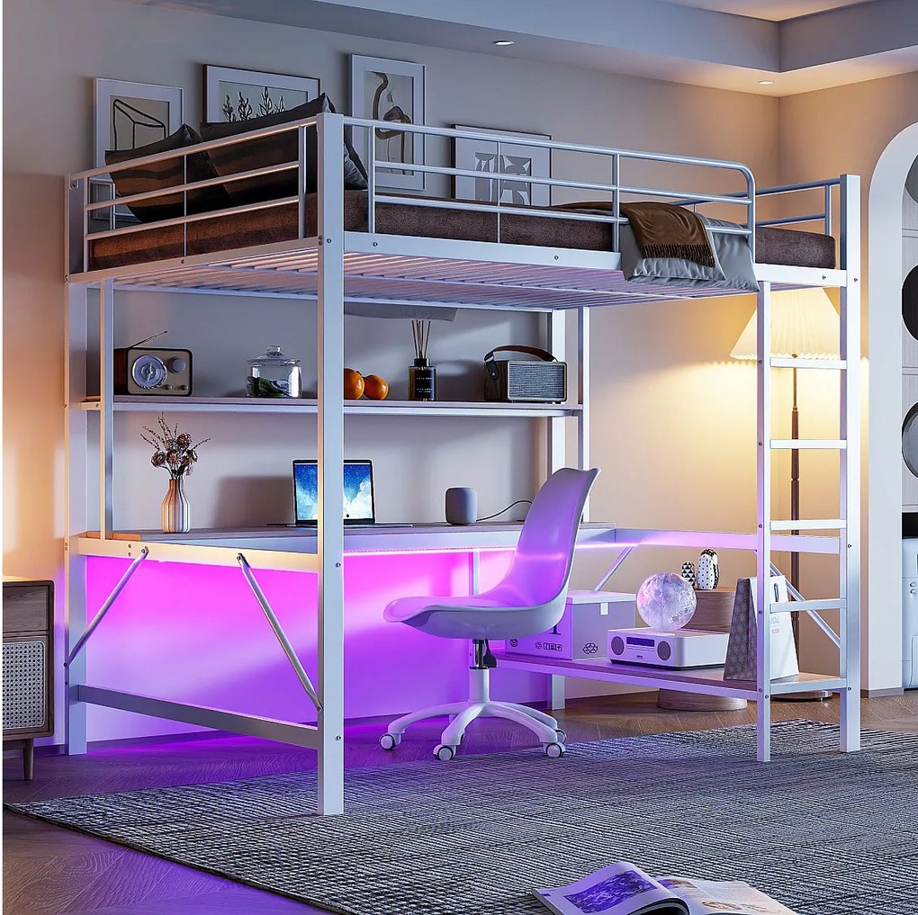 Łóżko antresolowe 140x200 cm z oświetleniem USB i LED, półkami i biurkiem, białe – bez materaca