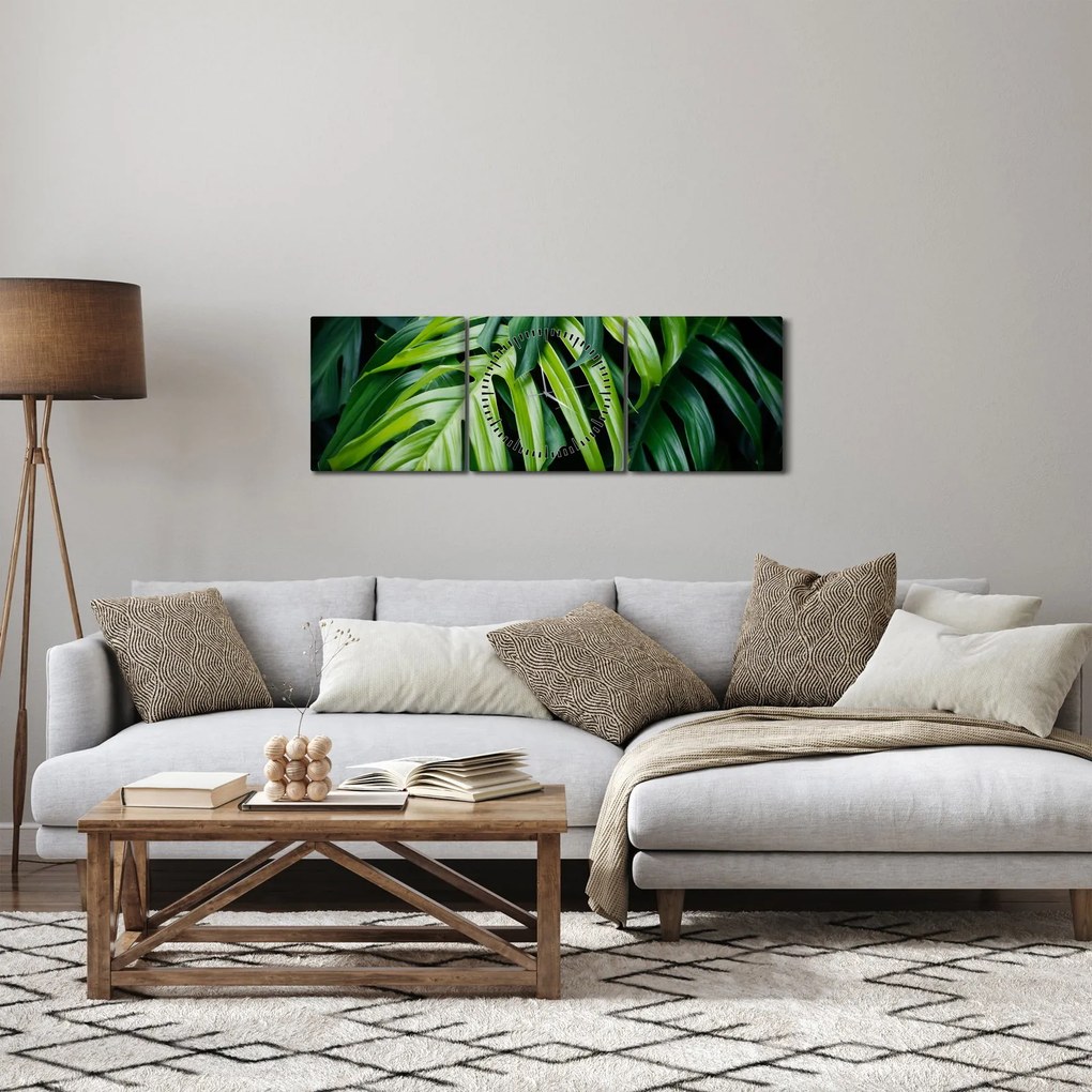 Obraz - Tropikalne liście (z zegarem) (90x30 cm)