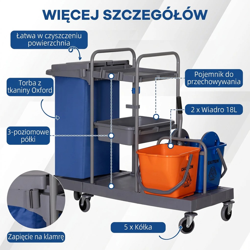 HOMCOM wózek do sprzątania z 3 poziomami, wózek z wyciskarką, 2x18 l wiadra  dla hotelu | Aosom PL