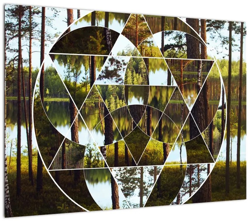 Obraz na szkle - Geometryczny kolaż na tle nordyckich lasów (70x50 cm)
