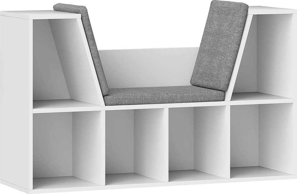 HOMCOM Regał na Książki z Miejscem do Siedzenia, 6 Półek, Tapicerowany, 105 x 30 x 63 cm, Biały