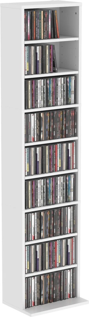 HOMCOM Regał na płyty CD/DVD, 9 poziomów, wąski regał stojący z 6 regulowanymi półkami, dla 260 płyt CD, Biały | Aosom PL