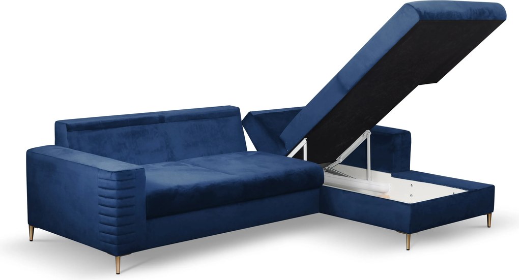 Masseno Narożnik GRIFO z funkcją spania i pojemnikiem na pościel Narozniki L, Rozkładana sofa - Niebieski, VELLUTO NAVY 25
