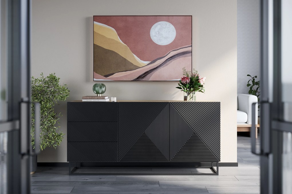 Komoda Asha 167 cm dwudrzwiowa z szufladami - artisan / czarny mat / czarny stelaż