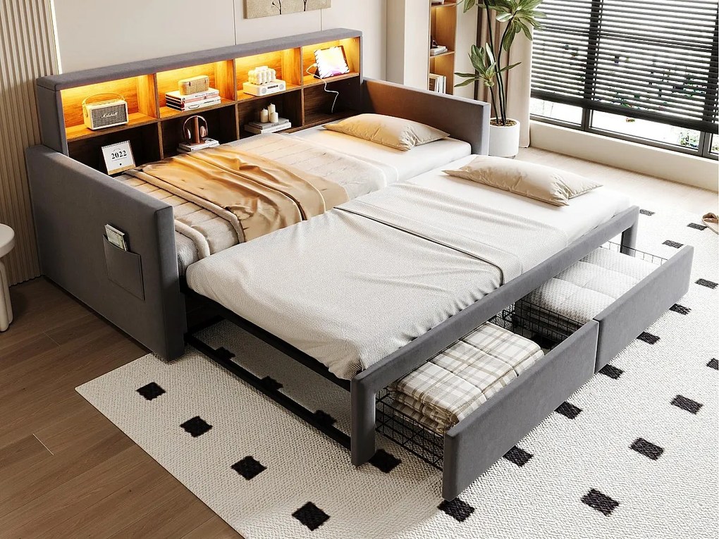 Rozkładana sofa z poduszkami 90x190 cm - Oświetlenie LED - z gniazdem ładowania - dwie szuflady - stelaż lamelowy - welur - ciemny szary