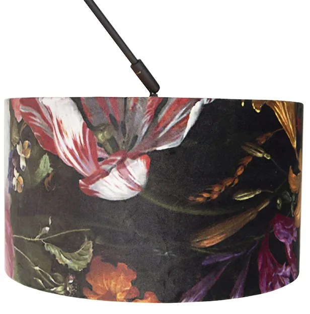 Lampa wisząca czarna z abażurem z aksamitu w kwiaty ze złotem 35 cm - Blitz klasyczny/Antyczny Oswietlenie wewnetrzne