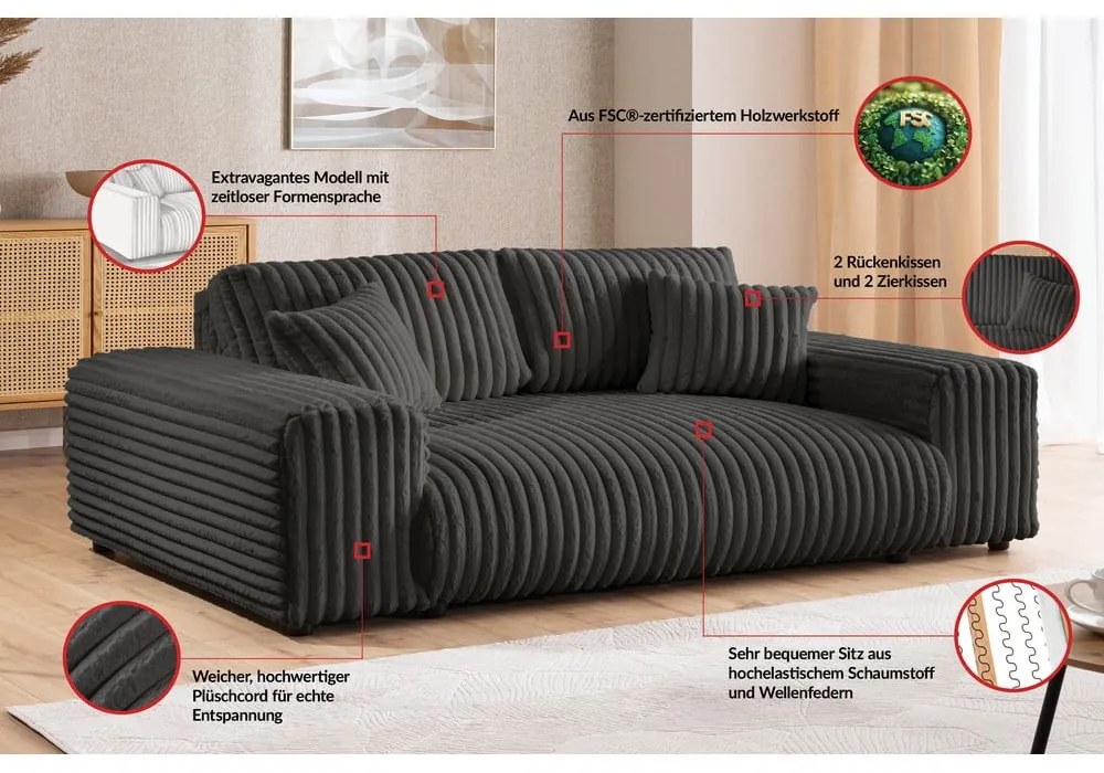 Ciemnoszara sztruksowa sofa 213 cm Justin – Ropez