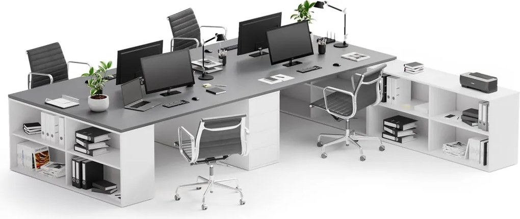 Zestaw biurek biurowych BLOCK B05, 4 stanowiska z przestrzenią do przechowywania, 360 × 320 cm, biały/grafit