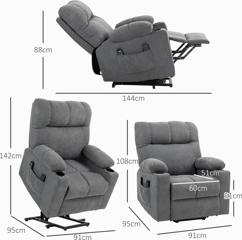 HOMCOM Fotel dla seniora z funkcją leżenia i pilotem szary 144 cm x 91 cm x 88 cm idealny do pomocy przy wstawaniu | Aosom PL