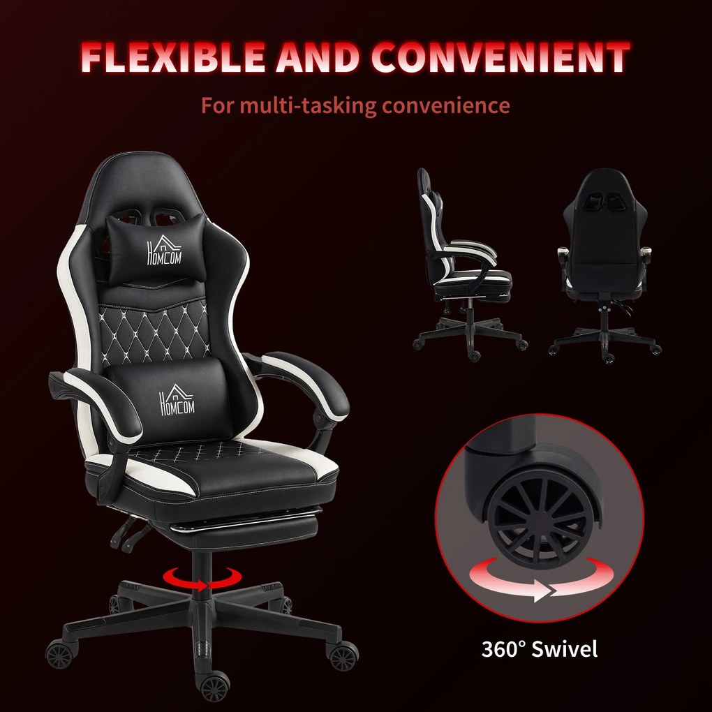 HOMCOM Fotel Gamingowy z Podnóżkiem, Fotel komputerowy z Poduszką i Książeczką, Skórzany Pokrowiec, Obrotowy, Wysokość Regulowana, Metal, Plastik, Czarny+Biały