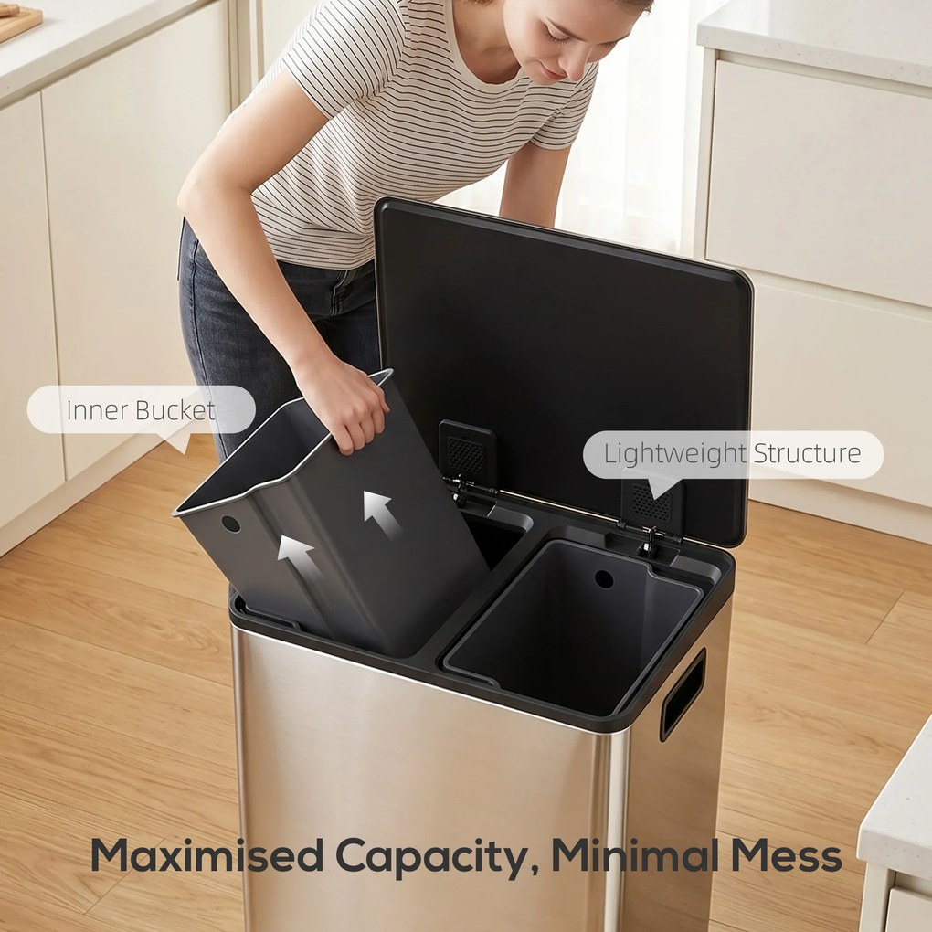 HOMCOM Kosz na śmieci z 2x30 l komorami, pokrywa Soft-Close, odporny na odciski, stal nierdzewna, srebrny | Aosom PL