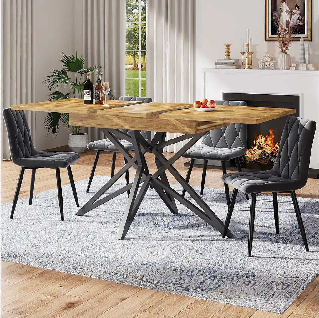 Rozkładany stół do jadalni 120/160 x 68 cm z 4 krzesłami - aksamitne krzesła - - MDF + Metal - naturalny