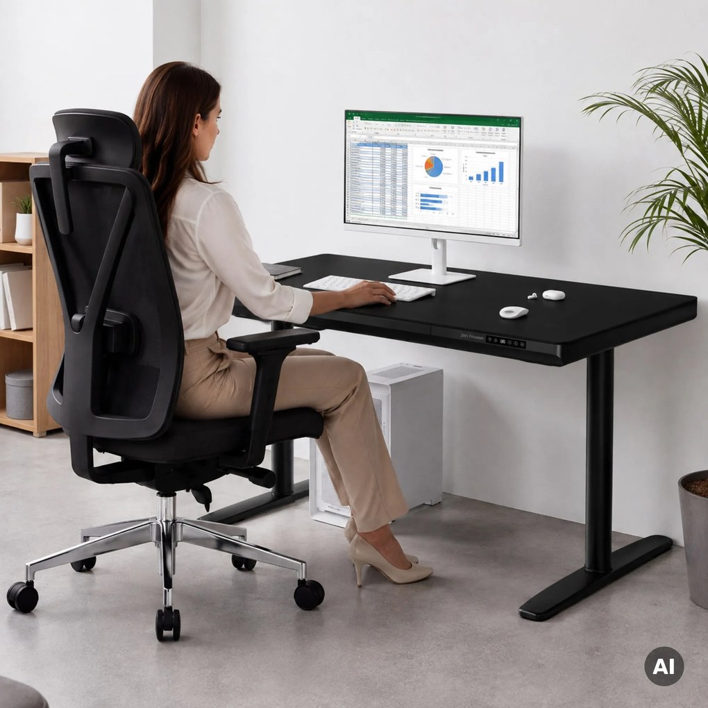 Biurko elektryczne sit-stand z szufladą i ładowarką bezprzewodową Qi czarne, 1400 mm: ELLIS