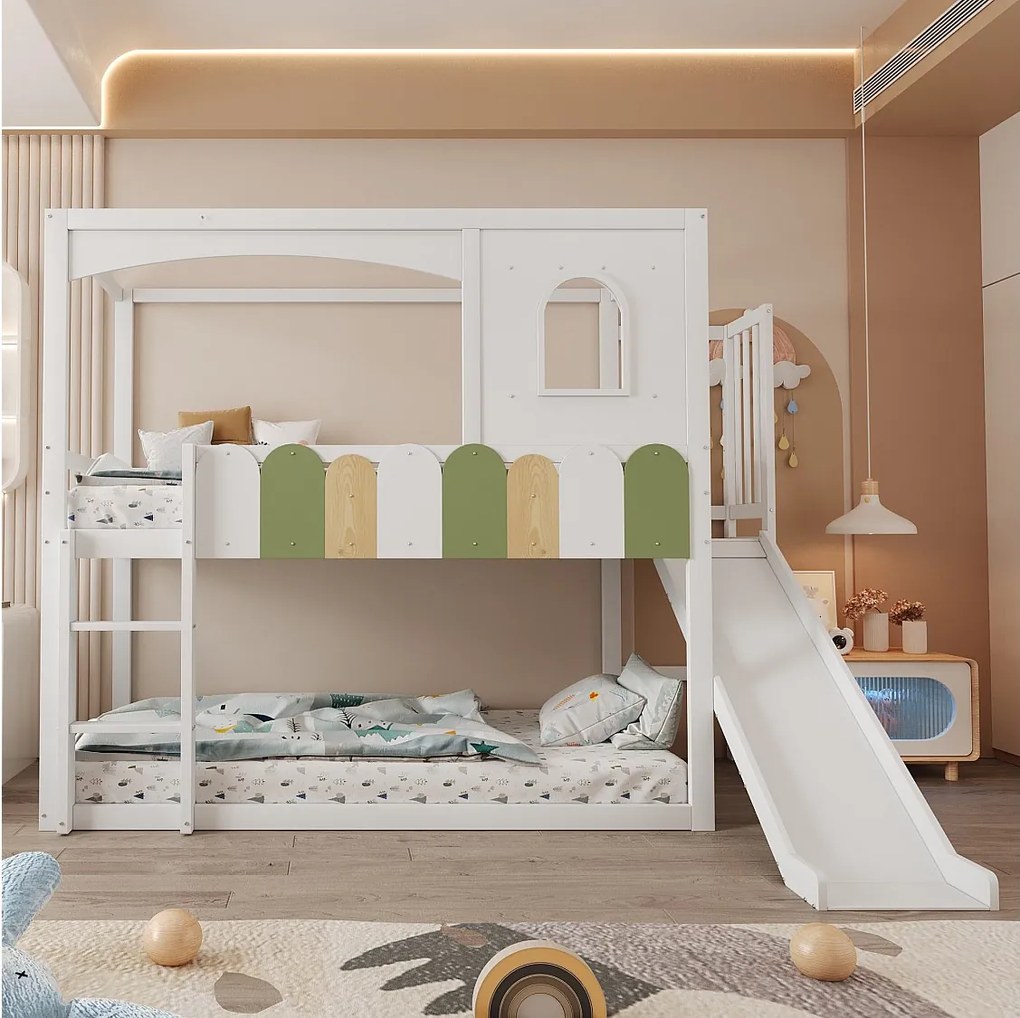 Łóżko piętrowe dla dzieci - 2 x 90 x 200 cm - w kształcie domku - z okienkami + zjeżdżalnia + drabinka - drewniane - białe