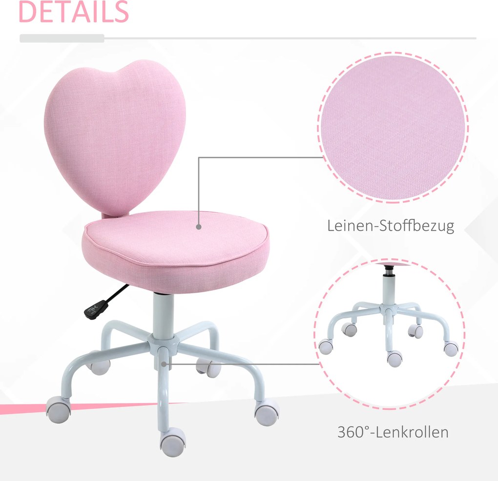 HOMCOM Krzesło obrotowe krzesło komputerowe regulacja wysokości siedziska śliczna różowa tkanina lniana