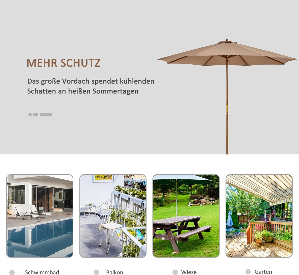 Outsunny Parasol ogrodowy z drewna 300 cm, Parasol na balkon z bambusa, Khaki