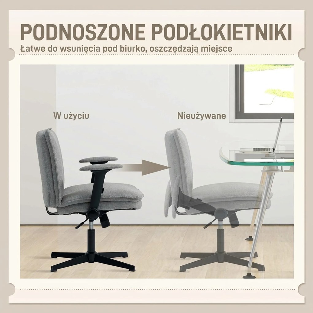 HOMCOM Krzesło biurowe z podnoszonymi podłokietnikami, szerokie krzesło biurowe w stylu lnianym, regulowane pod kątem wysokości, na bazie ze stali, szary