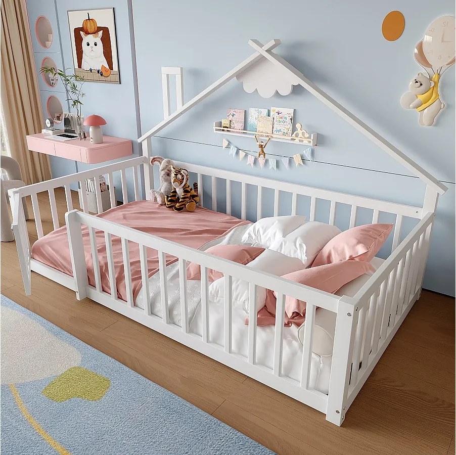 Łóżko dziecięce płaskie - 90 x 190 cm - barierka zabezpieczająca z zamkiem - Sosna + MDF - białe