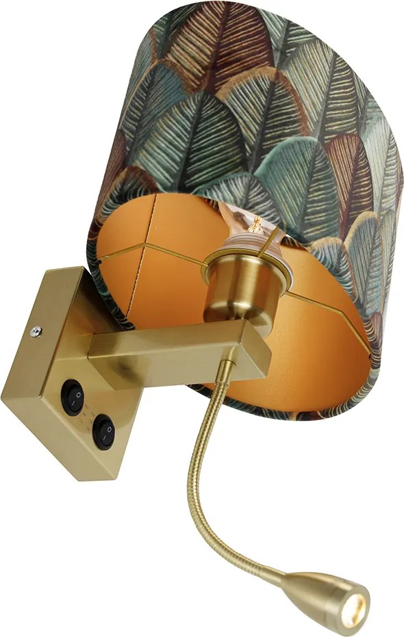 Lampa ścienna mosiężna z owalnym aksamitnym abażurem o wzorze liści 25 cm - Brescia Combi