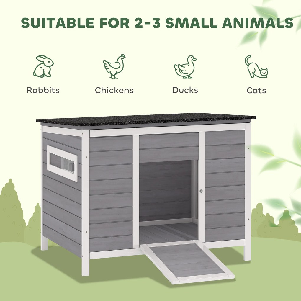 PawHut Domek dla kaczek odporny na warunki atmosferyczne z drewna z wyjmowanym spodem, przesuwanymi oknami, otwieranym dachem asfaltowym, 93x70x72cm, szary | Aosom PL
