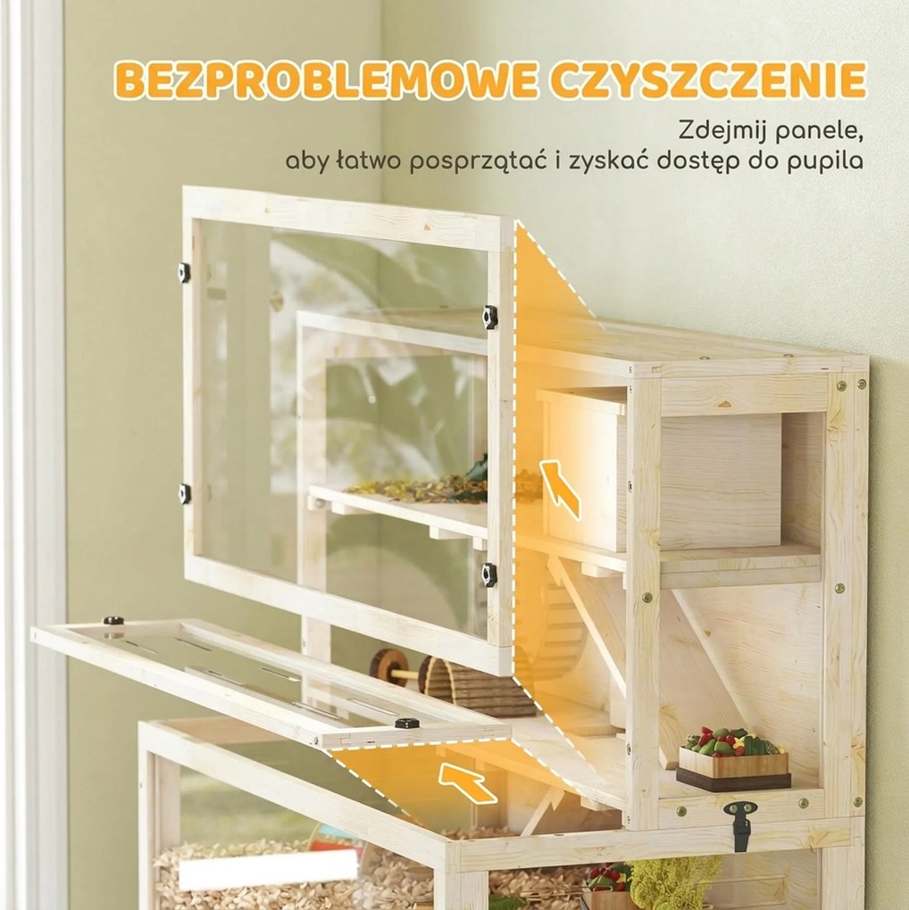 PawHut Klatka dla chomika, 3 poziomy, domek, akcesoria, 100 x 50 x 84 cm, dla kilku małych zwierząt, drewno, tworzywo sztuczne | Aosom PL