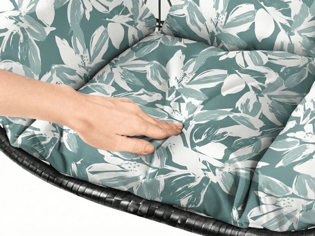 Czarne wiszące krzesło KOKON ze stojakiem, zielono-biała poduszka