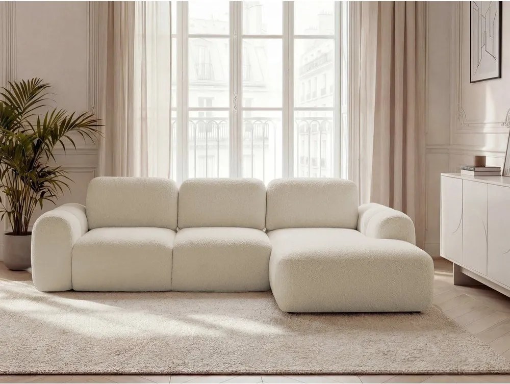 Beżowy rozkładany/ze schowkiem narożnik z materiału bouclé (prawostronny/z szezlongiem) Montaigne – Bobochic Paris