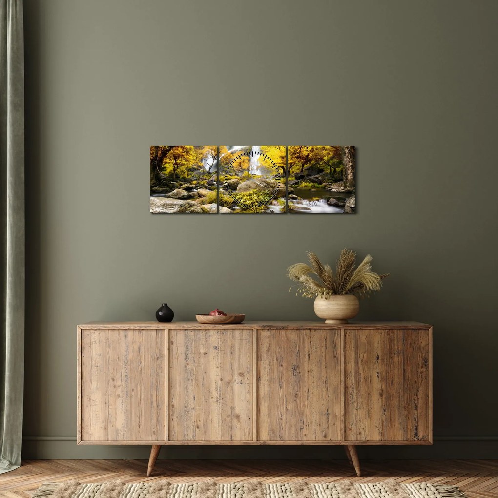 Obraz - Wodospady w jesiennym krajobrazie, żółty (z zegarem) (90x30 cm)