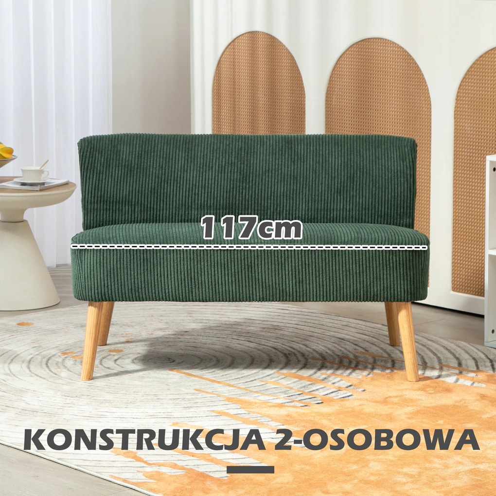 HOMCOM Sofa wypoczynkowa 2-osobowa zielona welurowa z drewna i pianki 117x56x77 cm | Aosom PL