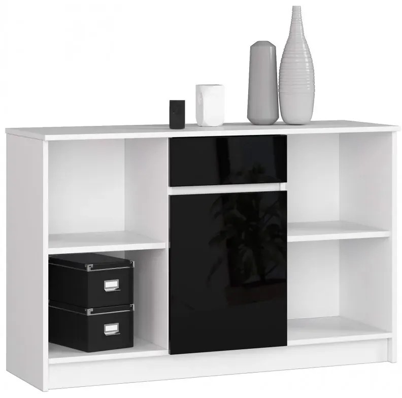 Komoda z szufladą i półkami biała + czarny połysk D1-N35