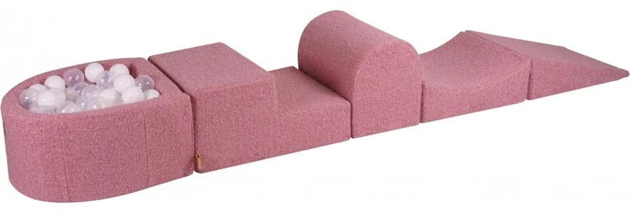 Piankowy zestaw do zabawy z suchym basenem 57x45x30cm/100 piłek 7cm, plac zabaw dla dziecka, 5 elementów, boucle, różowy, piłki: białe, transparentne - meowbaby®