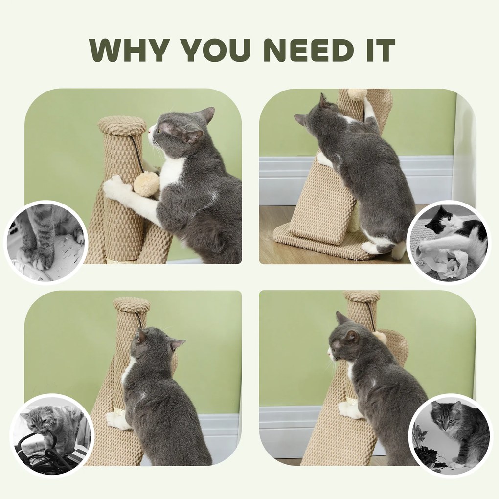 PawHut Drapak z deską do drapania, piłką do zabawy, strukturą z nopami/sizalem, 54 cm, Jasnobrązowy