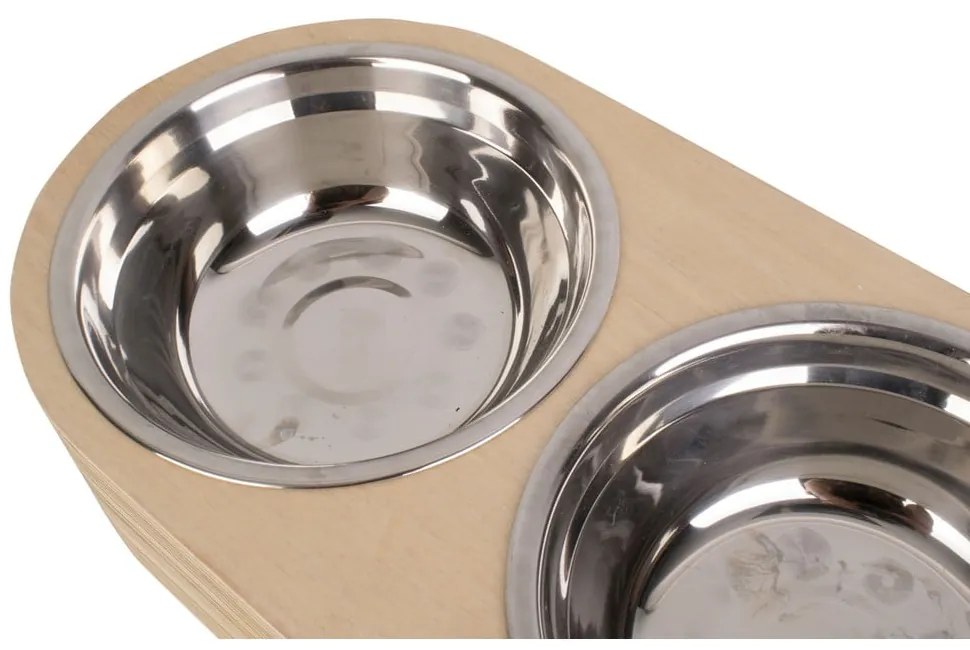 Zestaw 2 metalowych misek i jasnej drewnianej podstawki PT LIVING Pet, szer. 18 cm