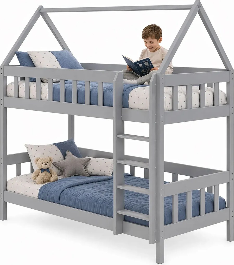 Szare piętrowe łóżko dziecięce w kształcie domku K6-M30