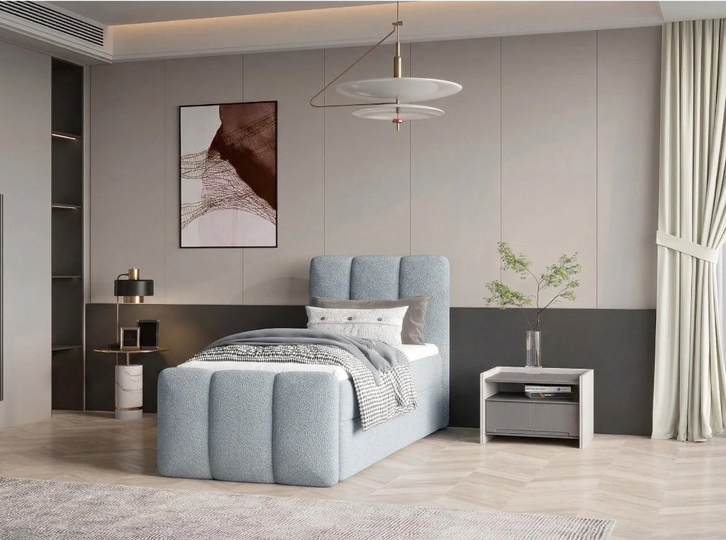 Stylowe łóżko tapicerowane KORA 90x200 cm w tkaninie CENTAUR 9 jasnoniebieskiej