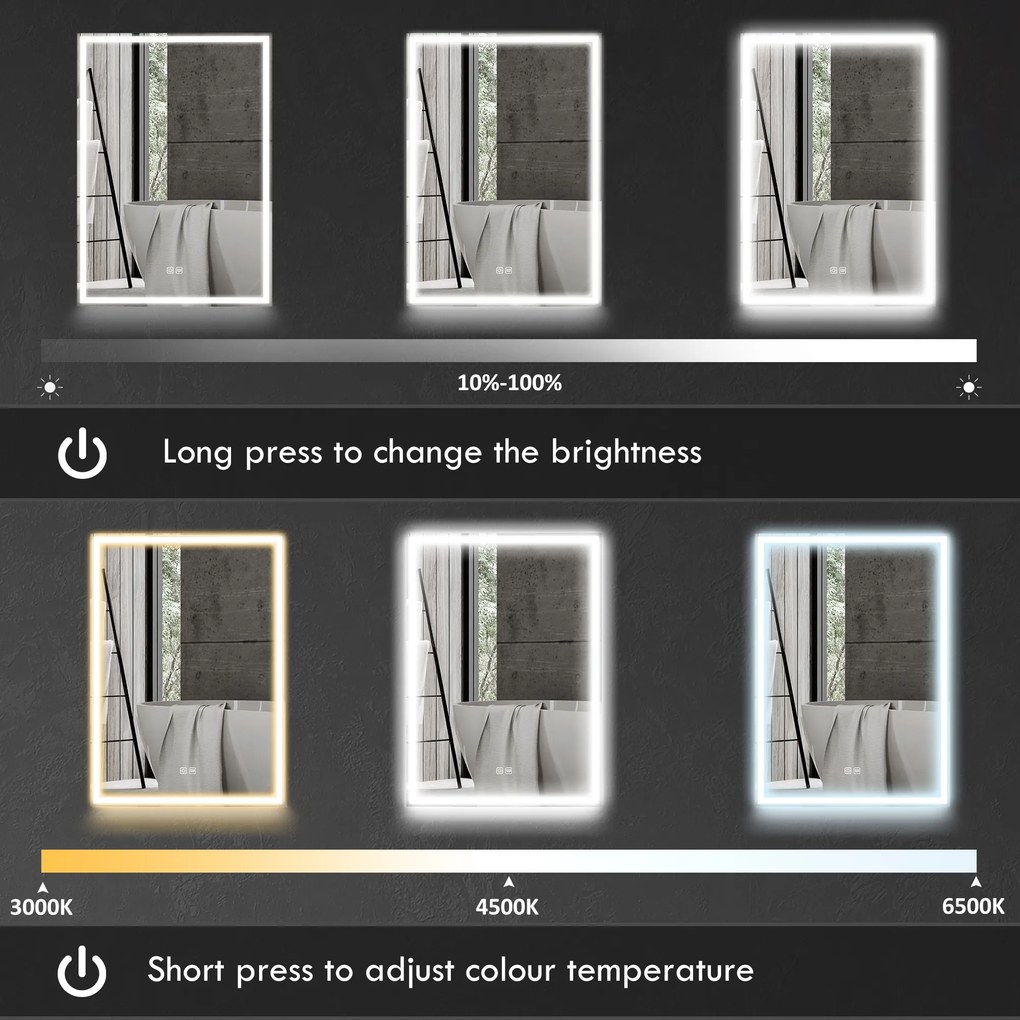 HOMCOM Szafka łazienkowa z lustrem LED, 50 x 70 cm, ściemnialna, przeciwmgielna, Czarna